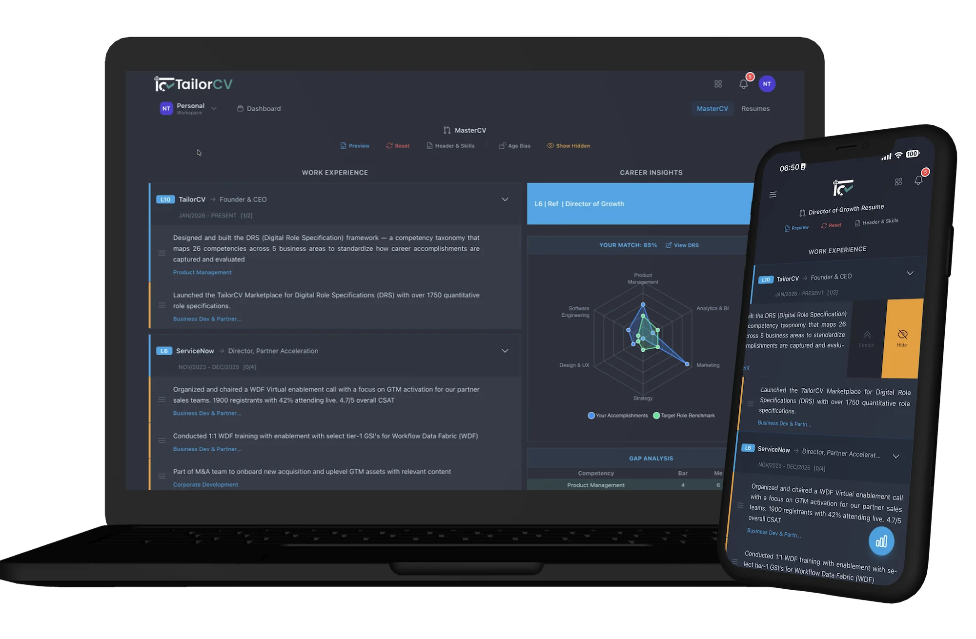 TailorCV — MasterCV with career gap analysis on desktop and mobile